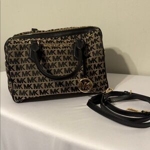 Michael Kors Brown and Black MK Logo Satchel with Gold Accent
